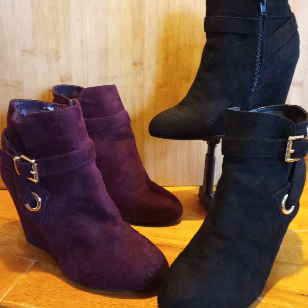 Keylie Faux Suede Wedge Ankle Booties in Burgundy by REBEL BY ZiGi size 7.5